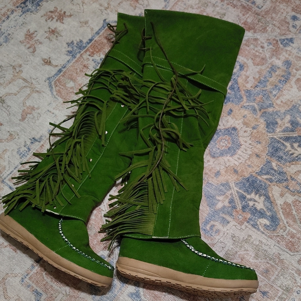 Women's Green Faux Suede Knee High Fringed Boots - Size 5 - Never Worn